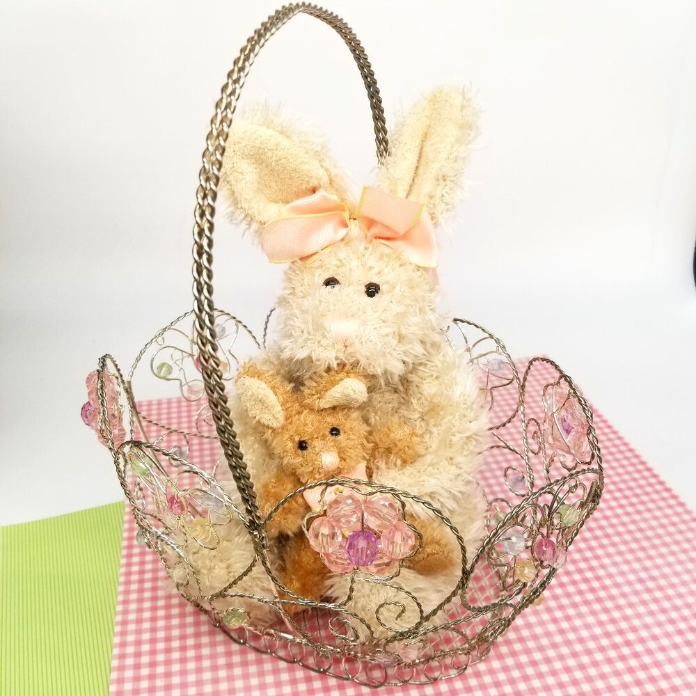 STUFFED MOM & BABY BUNNIES, VINTAGE 12" WITH JEWELED WIRE BASKET, LIKE NEW